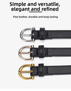 Detailed view of women's thin belts with horseshoe buckles in gold, silver, and rose gold