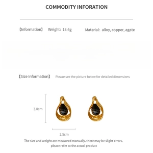 Detail view of gold drop earrings with black agate including dimensions and weight info