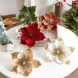 Christmas Velvet Flowers Artificial Glitter Magnolia Poinsettia For Xmas Tree Decoration DIY Festive Home Party Decor