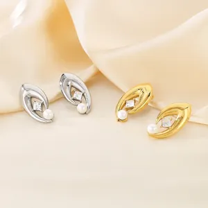 Vintage 18K Gold Plated Stainless Steel Earrings Square Zircon Shell Artificial Pearl Geometric Curved Leaf Drop Jewelry Women