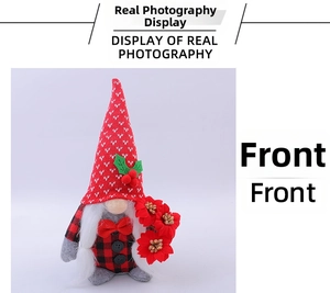 Front view of a Christmas gnome doll featuring red plaid clothes and a long pointed hat