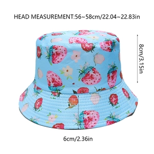 Detailed size chart of the light blue strawberry bucket hat with dimensions and markings