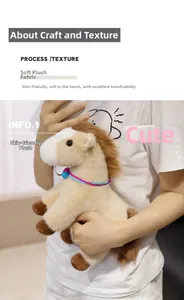 Detailed close-up of soft white plush pony doll with blue bell and brown mane