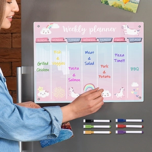 Weekly planner acrylic board with unicorn design on fridge including six markers