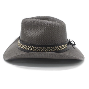 Detail of grey straw cowboy hat showing black leather band and antique bronze rivets