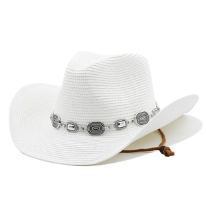 Chapeau de cowboy blanc en paille tissée avec ceinture en métal argenté et mentonnière