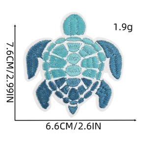Detailed size view of turquoise sea turtle embroidered patch with measurements