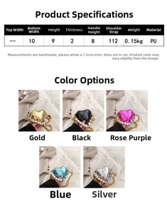 Tableau des tailles et sélection de couleurs des mini sacs bandoulière cœur en perles