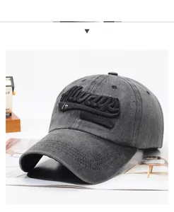 Close-up of Always 75 NEWYORKCITY 3D embroidery on washed grey cotton baseball cap