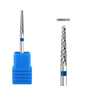Macro detail of alloy nail drill bit OMWGY13 with blue ring and cross-cut texture