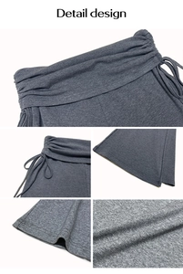 Gros plan du pantalon gris foncé à taille haute froncée avec cordon de serrage latéral