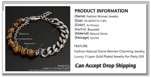 Detail view of tiger eye stone beads and stainless steel NK chain bracelet with dimensions