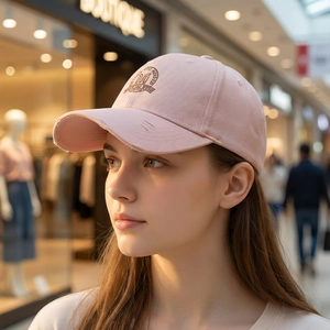 Pink distressed baseball cap with round brown embroidered logo and cotton twill texture