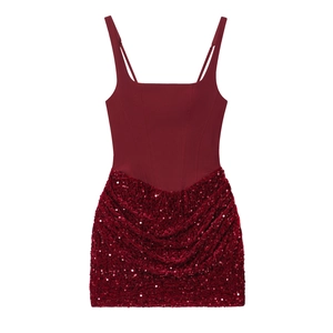 Sparkly burgundy sequin bodycon dress with spaghetti straps and ruched party style
