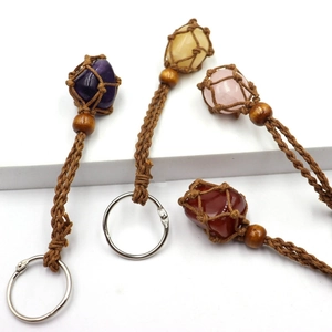 Hand-woven net pouch keychains with assorted natural crystals and wooden beads