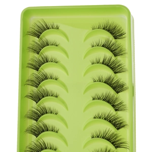 Close-up of 7 pairs of dense, curly half-eyelashes on a light green tray display