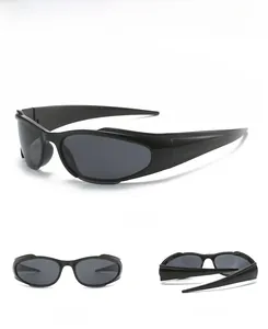 Multi-angle views of black Y2K sports sunglasses with dark grey lenses and wrap design