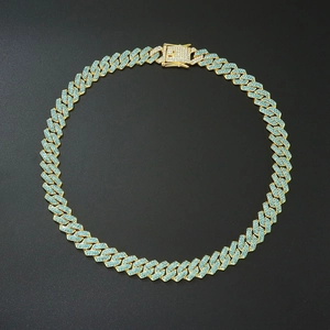 Hip-hop gold Cuban link necklace with rhombus chains and blue iced out crystals