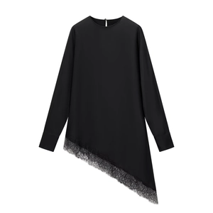 Blusa In Satine Da Donna Orlo Asimmetrico In Pizzo Manica Lunga Girocollo Elegante Casual Tinta Unita Top