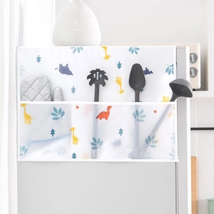 Waterproof PEVA refrigerator dust cover with side storage pockets and cartoon animal prints