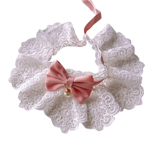 Pink ribbon lace pet collar with white embroidery and pearl pendant for cats