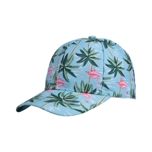 Light blue baseball cap with pink flamingo and green palm tree tropical print
