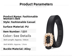 Close-up of thin black leather belt with a round pearl and rhinestone encrusted buckle