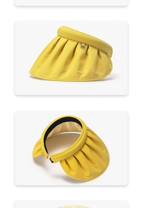 Detailed top and side views of a yellow open-top sun hat with wide pleated brim