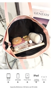 Spacious pink tote bag interior showing large capacity for tablet, umbrella, and makeup