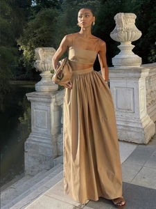Femme Coton Top Court À Bretelles Spaghetti Et Jupe Longue Plissée À Taille Haute Vacances D'Été Sexy Élégant Minimaliste