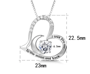Macro detail of S925 silver heart necklace with moon engraving and 6.5mm main stone