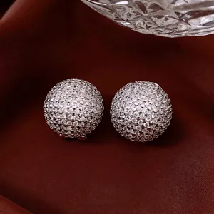 Minimalist silver needle zircon round stud earrings with full pavé sphere design