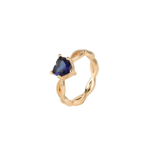 Fashionable heart-shaped blue zircon ring with gold hollow wave band for women