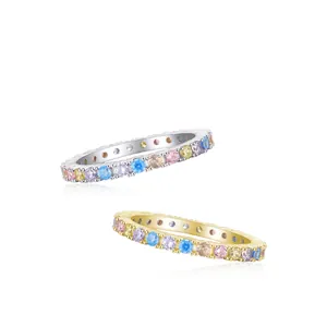 925 Sterling Silver Eternity Ring Colorful Round Cubic Zirconia Rainbow Band Fashion Jewelry For Women