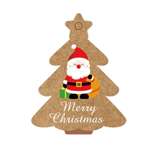Christmas tree shaped kraft paper gift tag featuring Santa Claus and Merry Christmas text