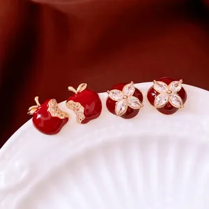Exquisite 18k gold plated red enamel apple stud earrings with sparkling crystal accents