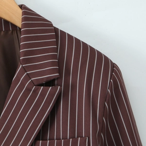 Brown striped long sleeve blazer for women with notch lapels on a wooden hanger