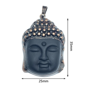 Detailed view of Buddha head pendant showing dimensions of 35mm height and 25mm width