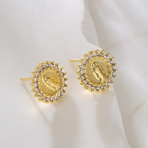 18K gold plated geometric stud earrings with Virgin Mary relief and sparkling zircons