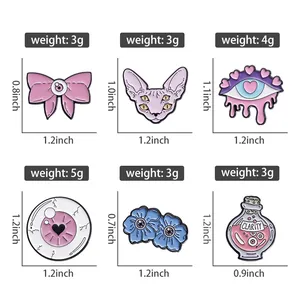 Size chart for creative enamel pins including dimensions and weights for each metal brooch