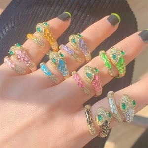 Snake Ring For Women Copper Enamel Zircon Micro Pave Adjustable Open Trendy Animal Style Colorful Jewelry