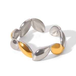 Detail of minimalist two-tone irregular open ring with gold and silver olive-shaped discs