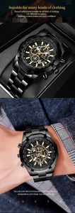Detail view of black steel watch with gold indices and luminous chronograph dial