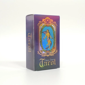 Detailed 45-degree angle of classic tarot cards box with laser purple gradient finish