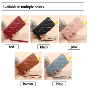 Collage showing multiple colors of quilted long wallets with wrist straps and zip closure