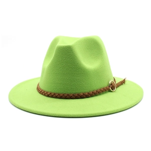 Cappello fedora classico in lana verde lime con fascia intrecciata marrone e fibbia oro