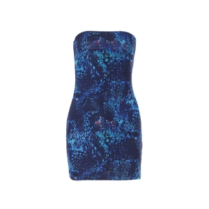 Sexy strapless mini bodycon dress featuring dark blue leopard print and slim fit cut