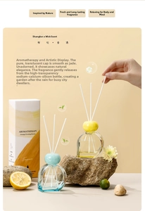 Detail of luxury reed diffuser set with glass bottles and elegant aromatherapy packaging