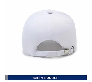 Close-up of the adjustable silver metal buckle on white cotton baseball cap back