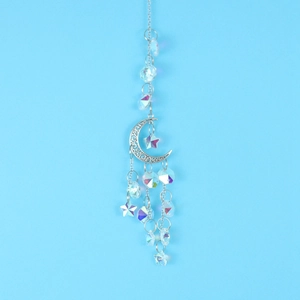 Detailed view of silver crescent moon and star suncatcher with faceted crystal beads
